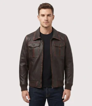 Glamswear Distressed Brown Bomber Leather Jacket For Men's