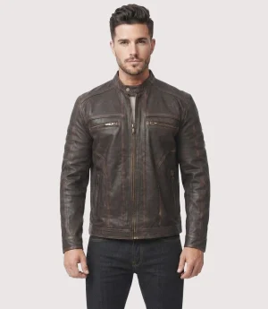 Glamswear Brown Distressed Cafe Racer Leather Jacket For Men's