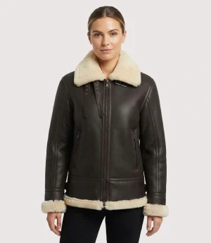Glamswear B3 Shearling Aviator Brown Leather Jacket For Women's