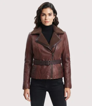 Glamswear Dark Brown Shearling Collar Dark Brown Leather Jacket For Women's